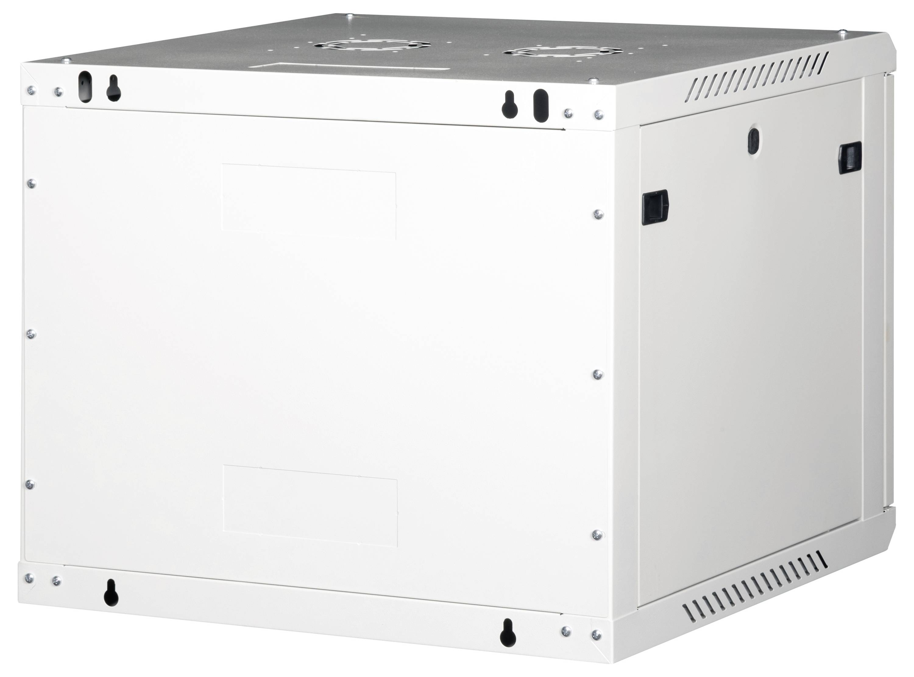Eine weiße, rechteckige Box mit Lüftungsschlitzen, kleinen Griffen und sichtbaren Schrauben an den Ecken, höchstwahrscheinlich ein elektronisches Gerätegehäuse.