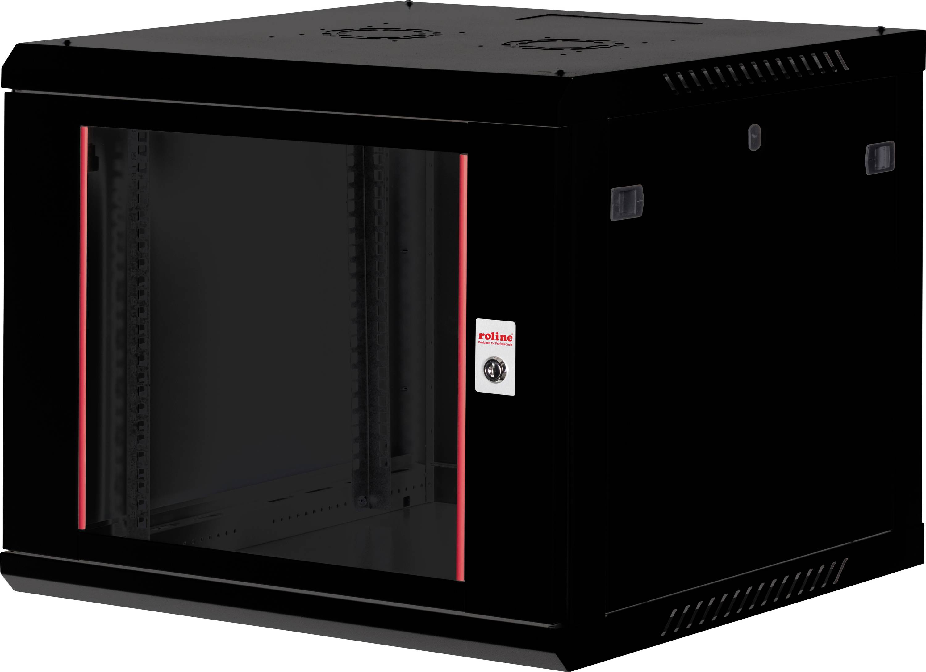 Ein schwarzes, wandmontiertes IT-Serverrack mit transparenter Frontscheibe, roten Akzenten und einem Markenlogo an der Seite, geeignet für die Unterbringung von Netzwerkausrüstung.