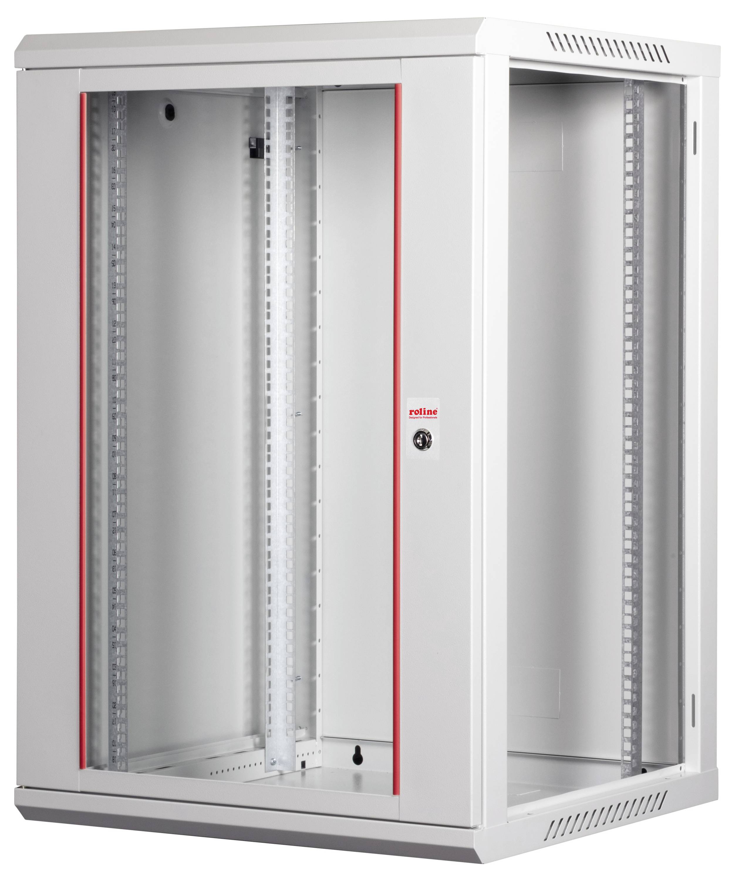 Ein grauer, metallischer Wandserver-Schrank mit Glastür, sichtbaren roten Linien, belüfteten Seiten und einer offenen Frontseite für Hardwareinstallation.