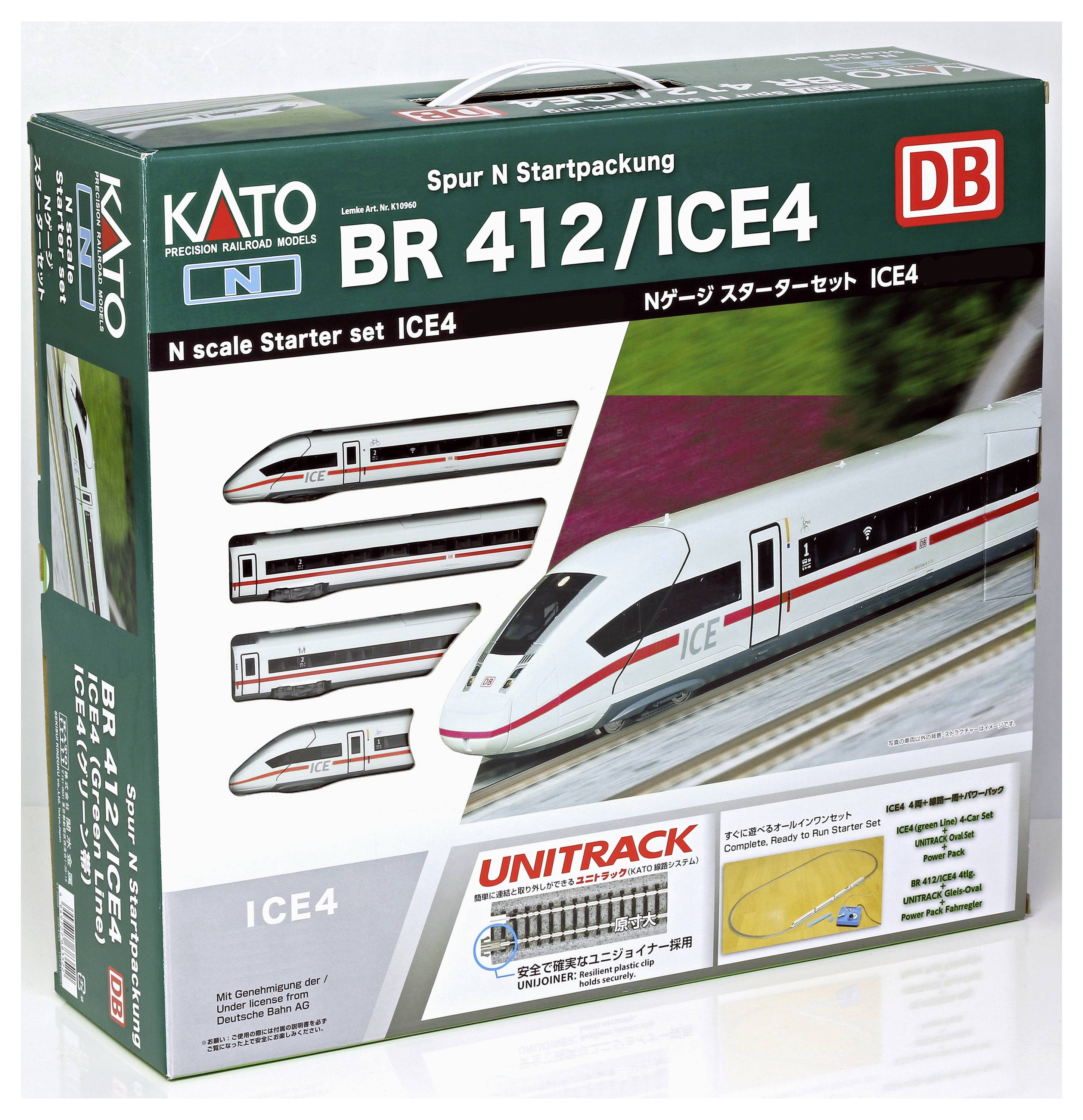 Verpackung eines KATO N-Spur Startsets der Deutschen Bahn für den ICE4 Zug, zeigt Zugabbildungen, das DB-Logo und Schienenlayout.