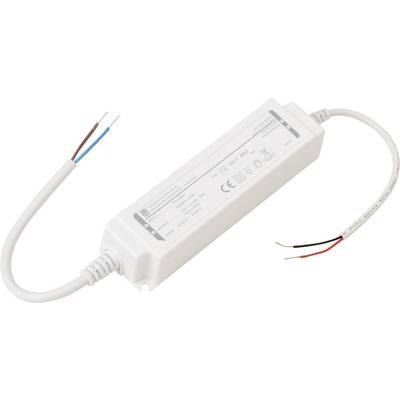 Ein rechteckiger LED-Transformator mit Drähten an beiden Enden und verschiedenen Symbolen und Text auf der Oberfläche, der zur Spannungsumwandlung für LED-Beleuchtung verwendet wird.