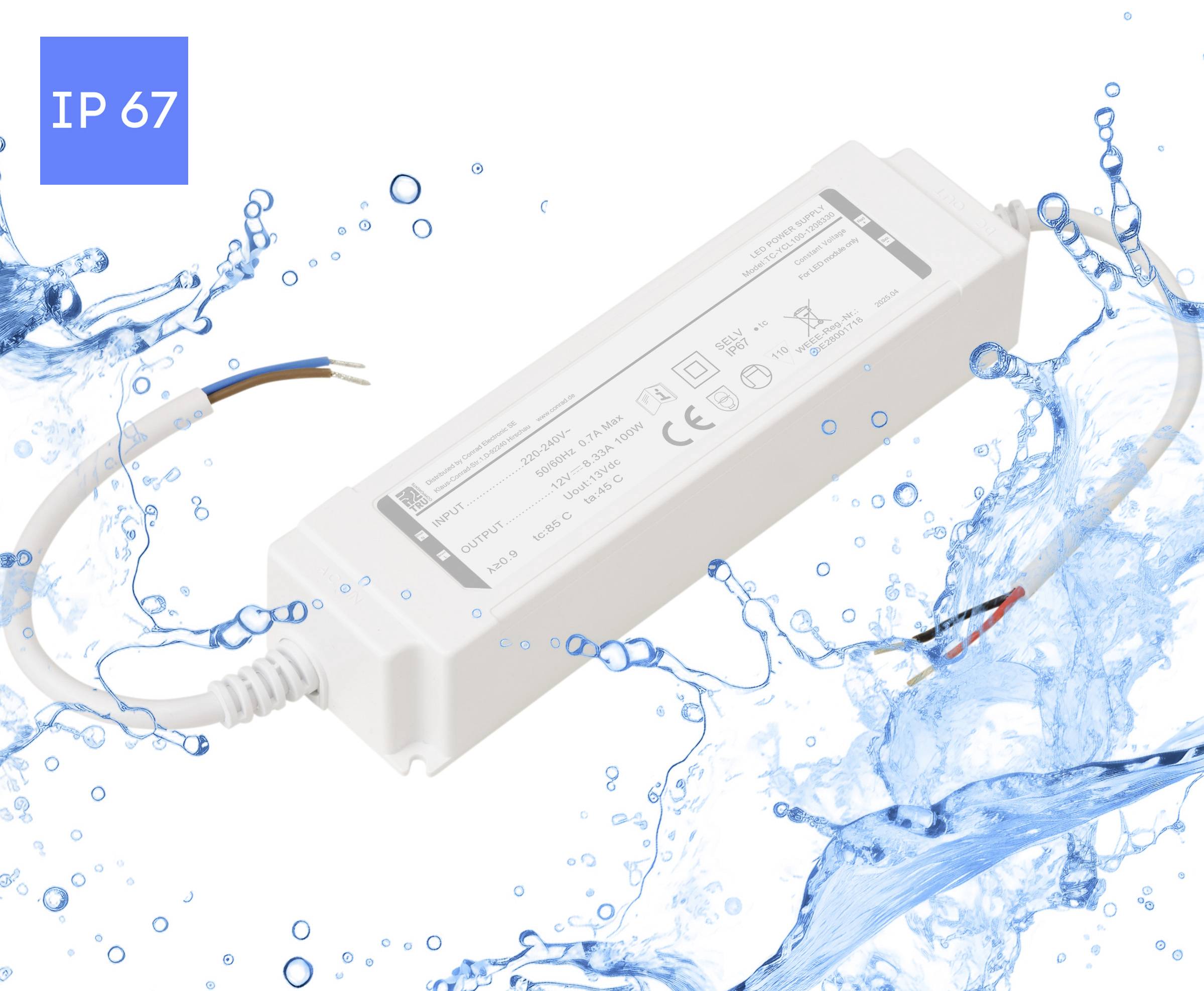 Rechteckiges Gerät mit der Beschriftung "IP67", umgeben von Wasserspitzen, was Wasserdichtigkeit anzeigt. Weißer Körper mit Kabeln an beiden Enden.
