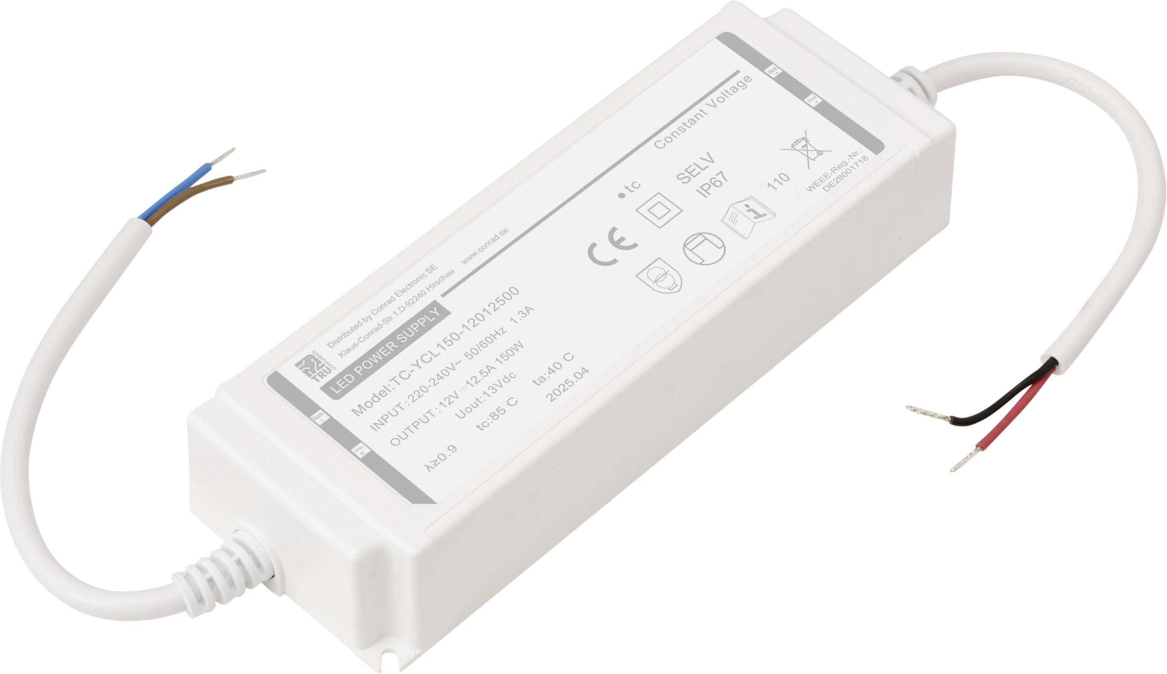 TRU COMPONENTS TC-YCL150-12012500 LED-Trafo IP67 Konstantspannung 18 W 12.5 A 11.4 - 12.6 V/DC 1 St.