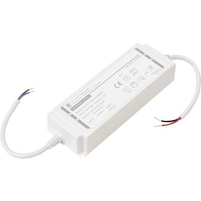 Ein LED-Treiber mit beschrifteten Eingangs- und Ausgangskabeln für elektrische Anschlüsse, auf dessen Oberfläche Spezifikationen und Sicherheitszertifizierungen angezeigt werden.