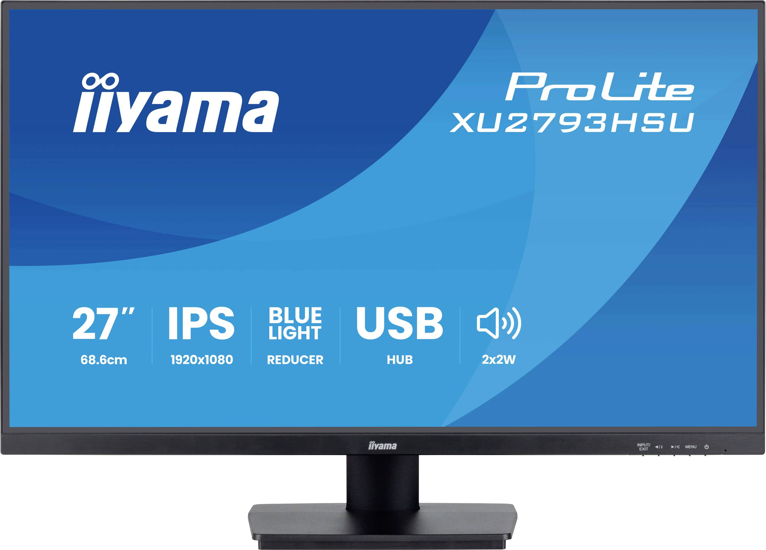 Bild eines Computermonitors der Marke Iiyama, Modell ProLite XU2793HSU, 27 Zoll Bildschirm, 68,6 cm, IPS, Full HD, USB, Lautsprecher.