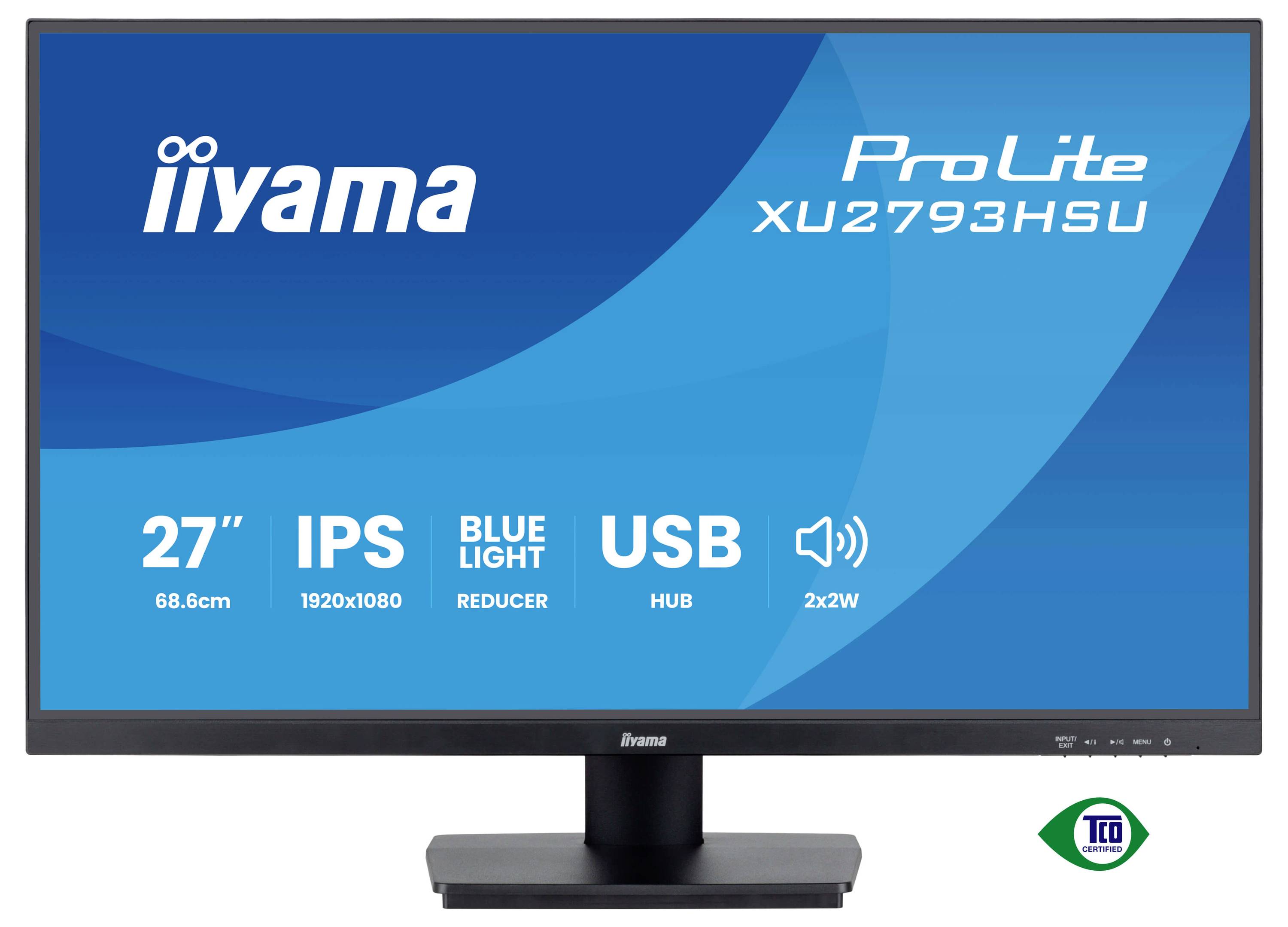 Ein Computermonitor der Marke iiyama, Modell ProLite XU2793HSU, 27 Zoll, mit Spezifikationen wie IPS, Blue Light Reducer, USB-Hub und Lautsprechern.