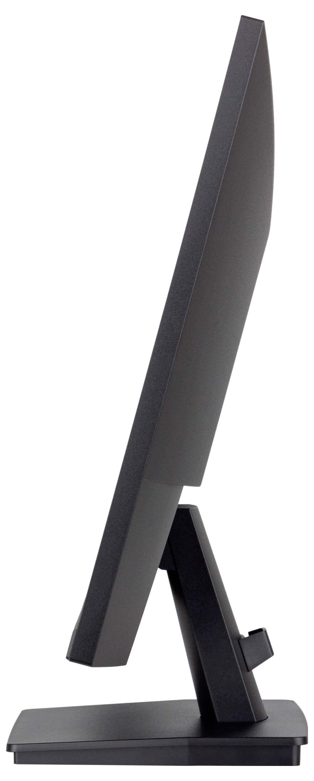 Seitenansicht eines flachen Computerbildschirms mit schwarzem Rahmen auf einem stabilen Standfuß.