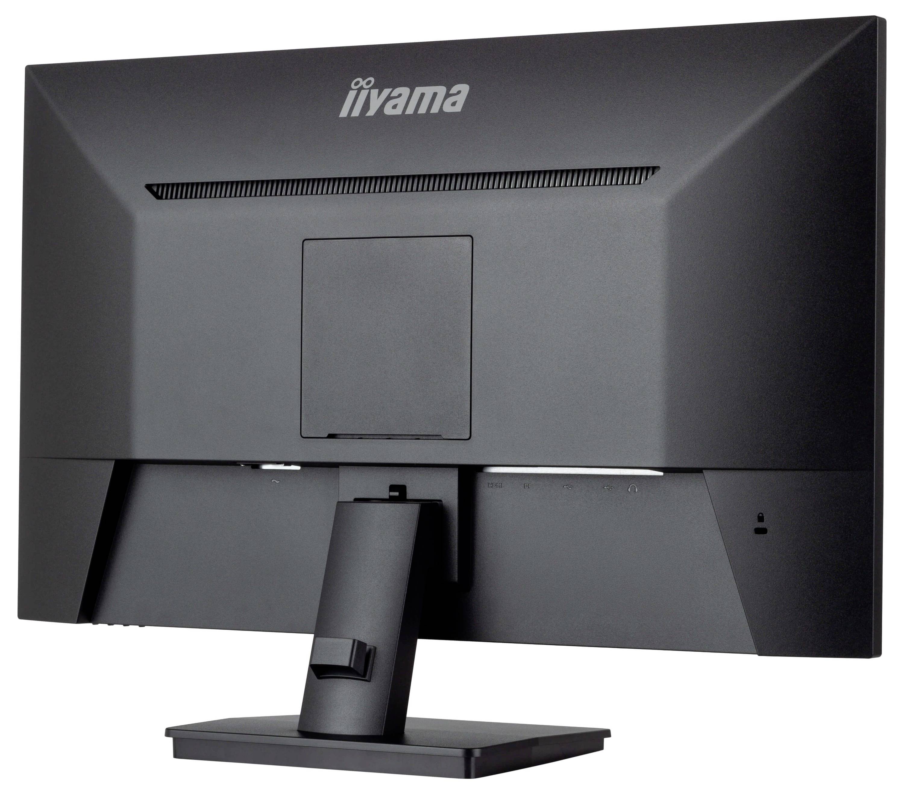 Ein schwarzer Computermonitor von iiyama, Rückansicht, zeigt kein spezifisches Bildschirminhalt oder Anschlüsse, auf einem Standfuß montiert.