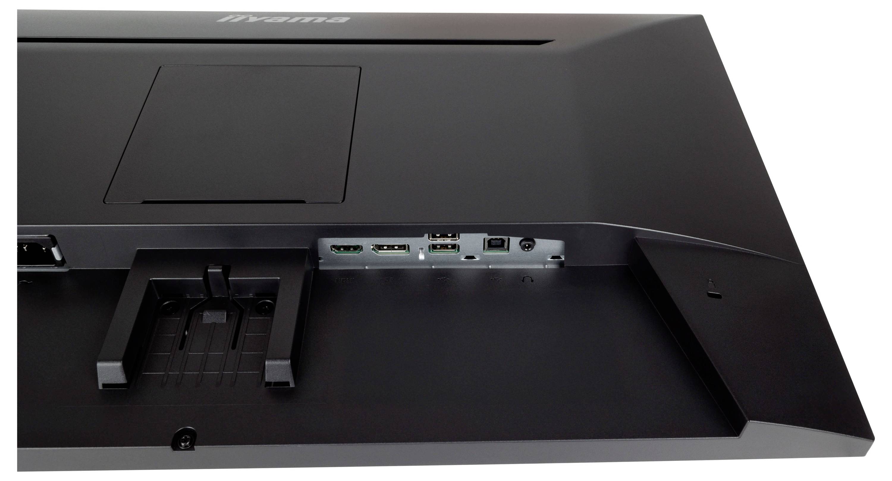 'Rückansicht eines Computermonitors mit mehreren Anschlüssen, darunter HDMI und USB.'