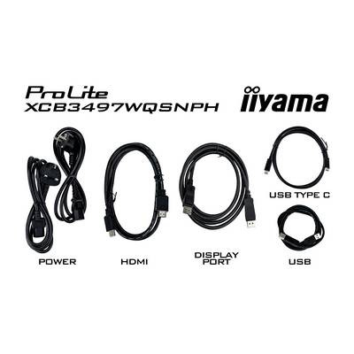 'ProLite XCB3497WQSNPH' Kabelübersicht: Stromkabel, HDMI, DisplayPort, USB Typ C, USB. Markenname 'iiyama' oben rechts.