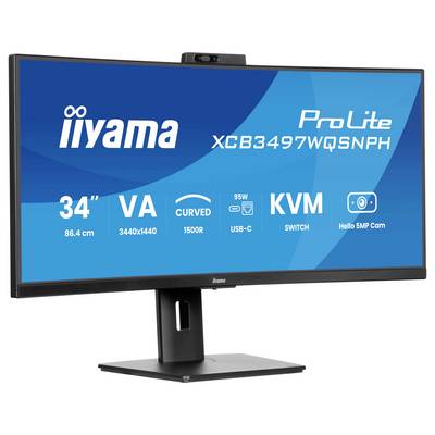 Ein gebogener 34-Zoll-Monitor von iiyama ProLite mit KVM-Switch und USB-C, 5MP-Kamera. Auflösung: 3440x1440, 1500R Krümmung.