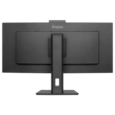 Ein schwarzer Monitor von hinten mit einer rechteckigen Standfußhalterung. Markenlogo 'iiyama' oben auf dem Rahmen sichtbar.
