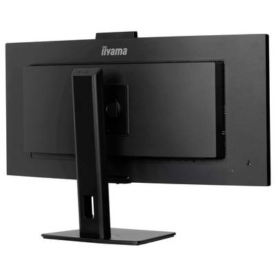 Ein schwarzer Computer-Monitor von iiyama, Rückansicht, zeigt den Ständer und die Halterung, ohne sichtbaren Bildschirm.