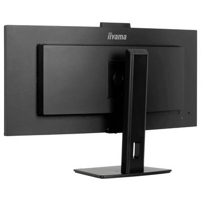 Ein schwarzer Computerbildschirm von Iiyama, Rückansicht, zeigt den Standfuß und die Rückplatte.