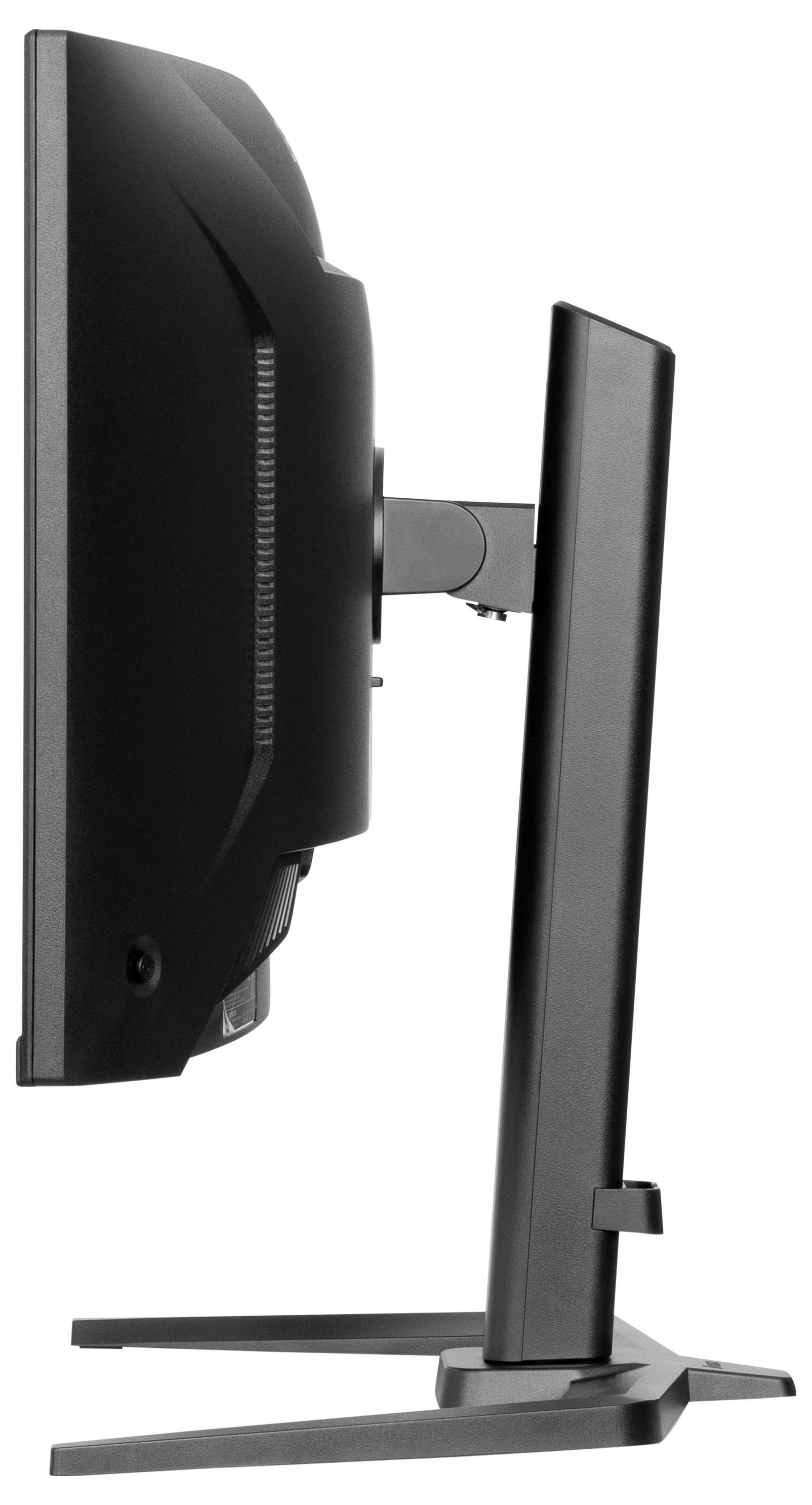 Ein seitlich fotografierter Computermonitor auf einem Standfuß, zeigt das schmale Profil und das verstellbare Scharnier.