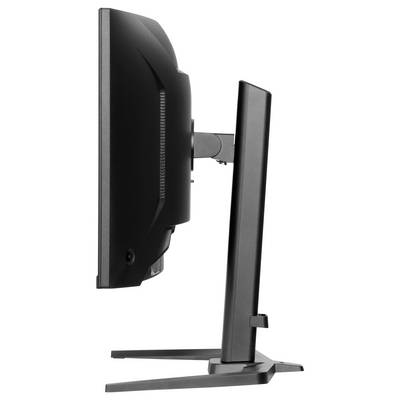 Ein seitlich fotografierter Computermonitor auf einem Standfuß, zeigt das schmale Profil und das verstellbare Scharnier.