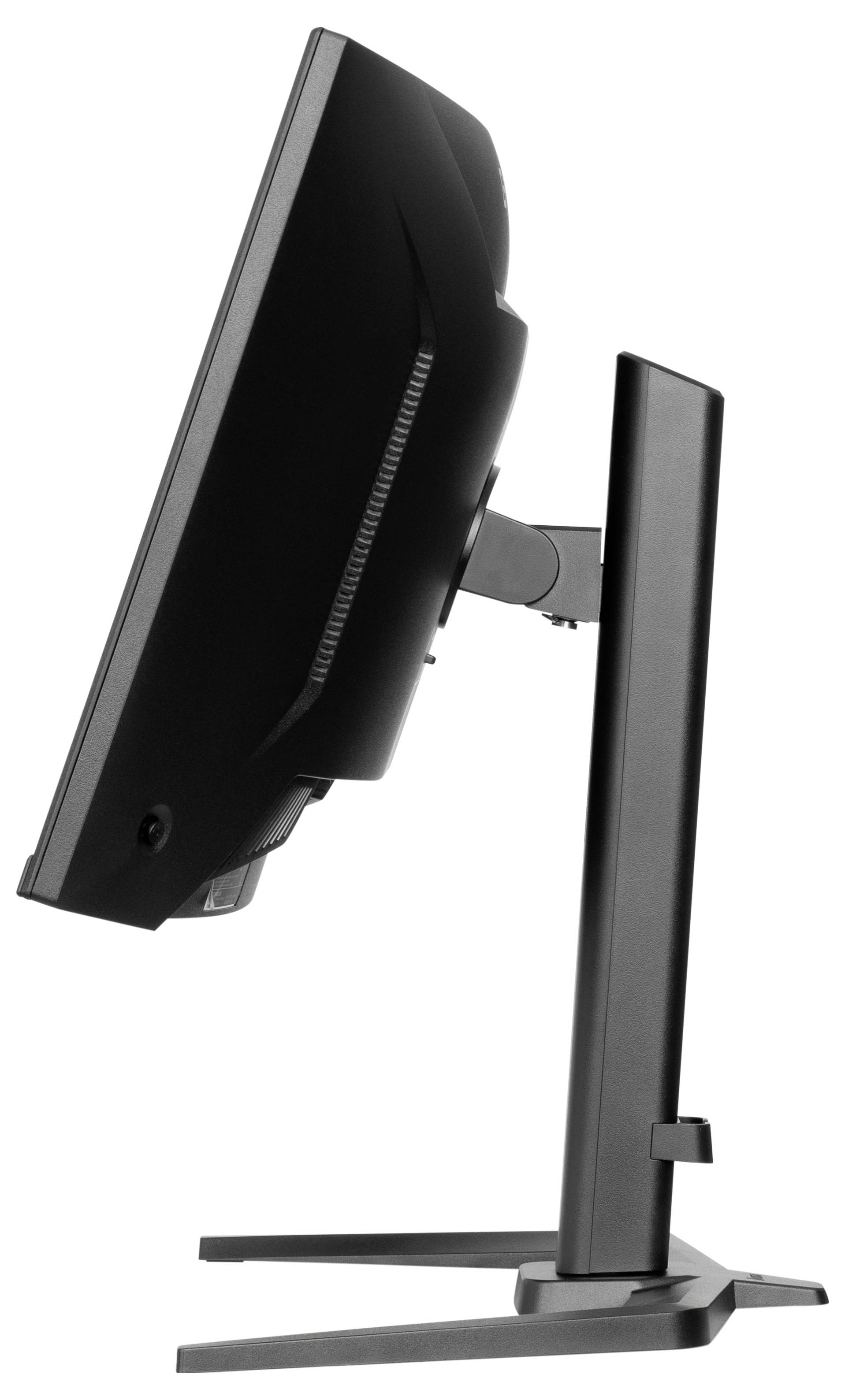 Seitliche Ansicht eines schwarzen Computerbildschirms auf einem Standfuß. Der Bildschirm ist leicht nach hinten geneigt.