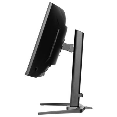 Seitliche Ansicht eines schwarzen Computerbildschirms auf einem Standfuß. Der Bildschirm ist leicht nach hinten geneigt.
