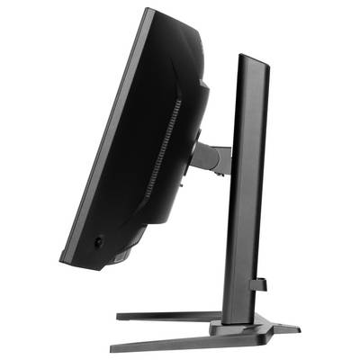 Ein schwarzer Computermonitor in Profilansicht, der auf einem stabilen Standfuß montiert ist.