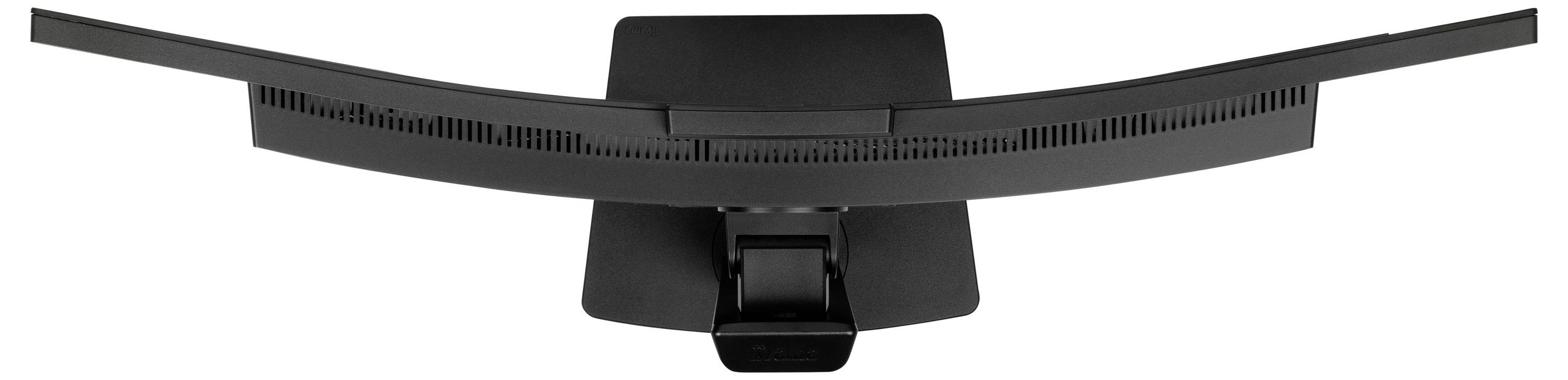 Ein gebogener Computermonitor aus der Vogelperspektive. Der Bildschirm ist leicht nach vorne geneigt und zeigt keine Inhalte.