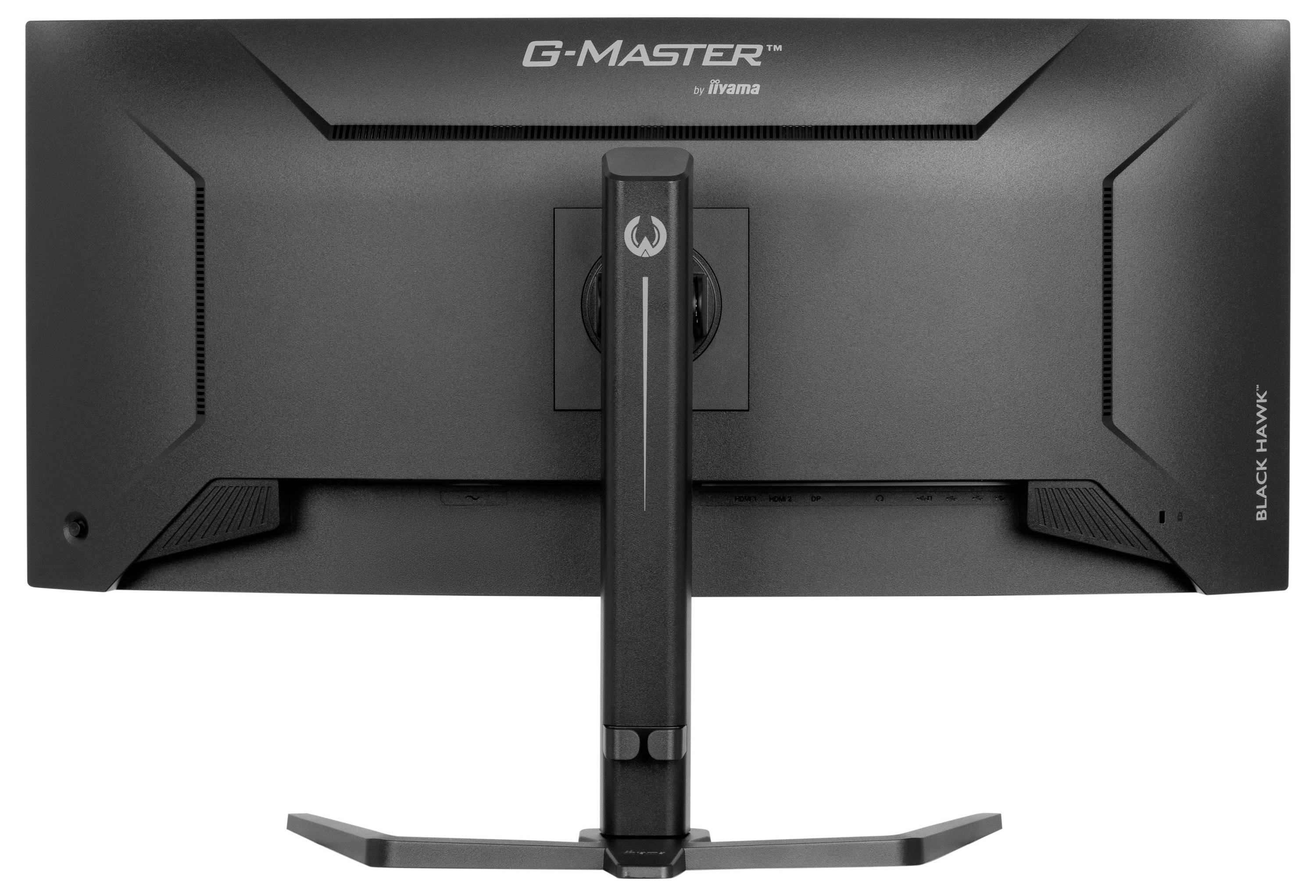 Ein schwarzer Gaming-Monitor von hinten mit einem stabilen Standfuß und dem Text 'G-Master' oben, bietet breiten Bildschirmkomfort.