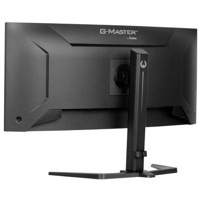 'G-Master' Monitor von hinten, zeigt den robusten Standfuß und die Anschlüsse. Der Bildschirm hat ein modernes, kantiges Design.