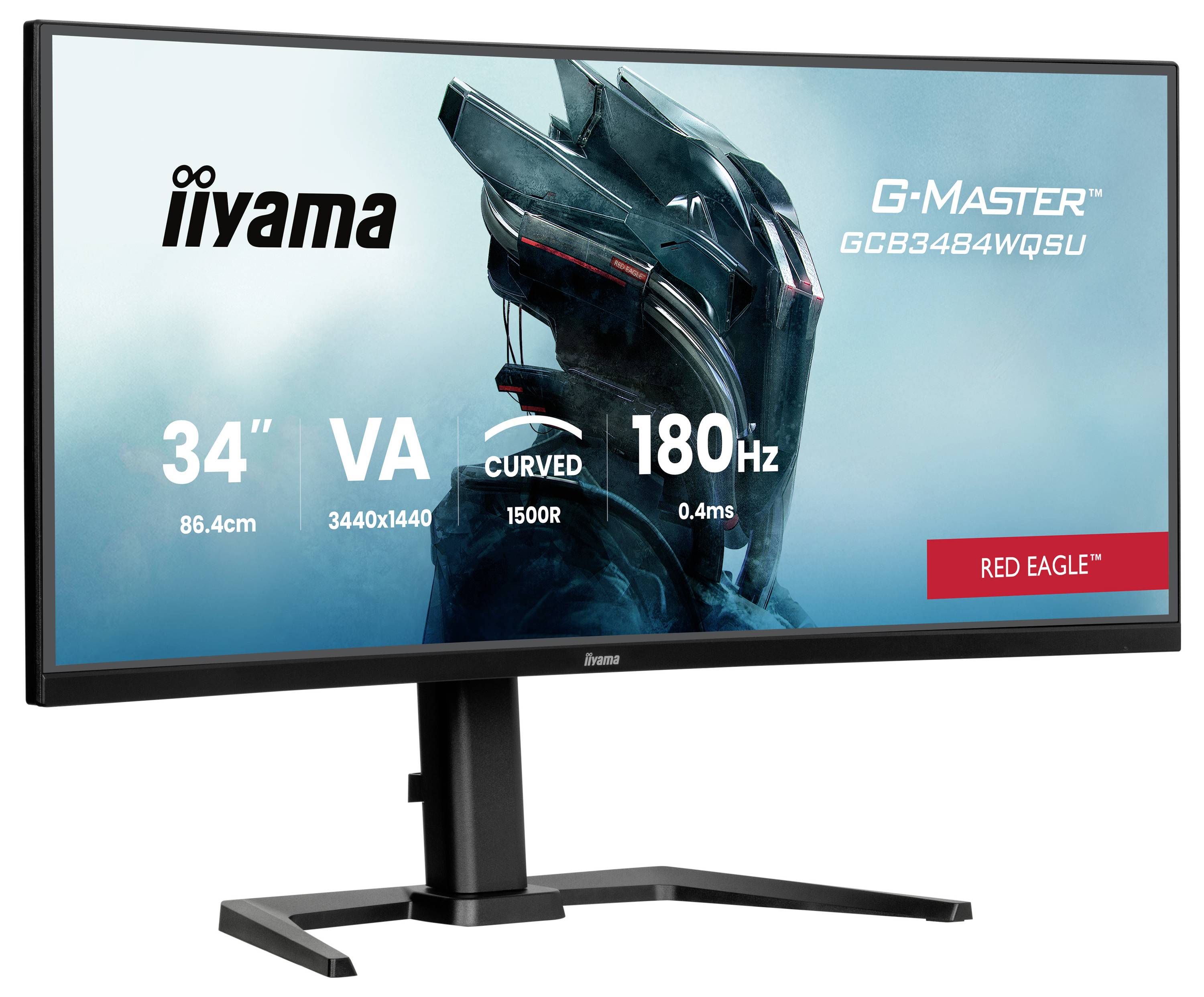 Ein Monitor der Marke iiyama G-Master Red Eagle mit gebogenem 34 Zoll VA-Display und 180 Hz, geeignet für Spiele.