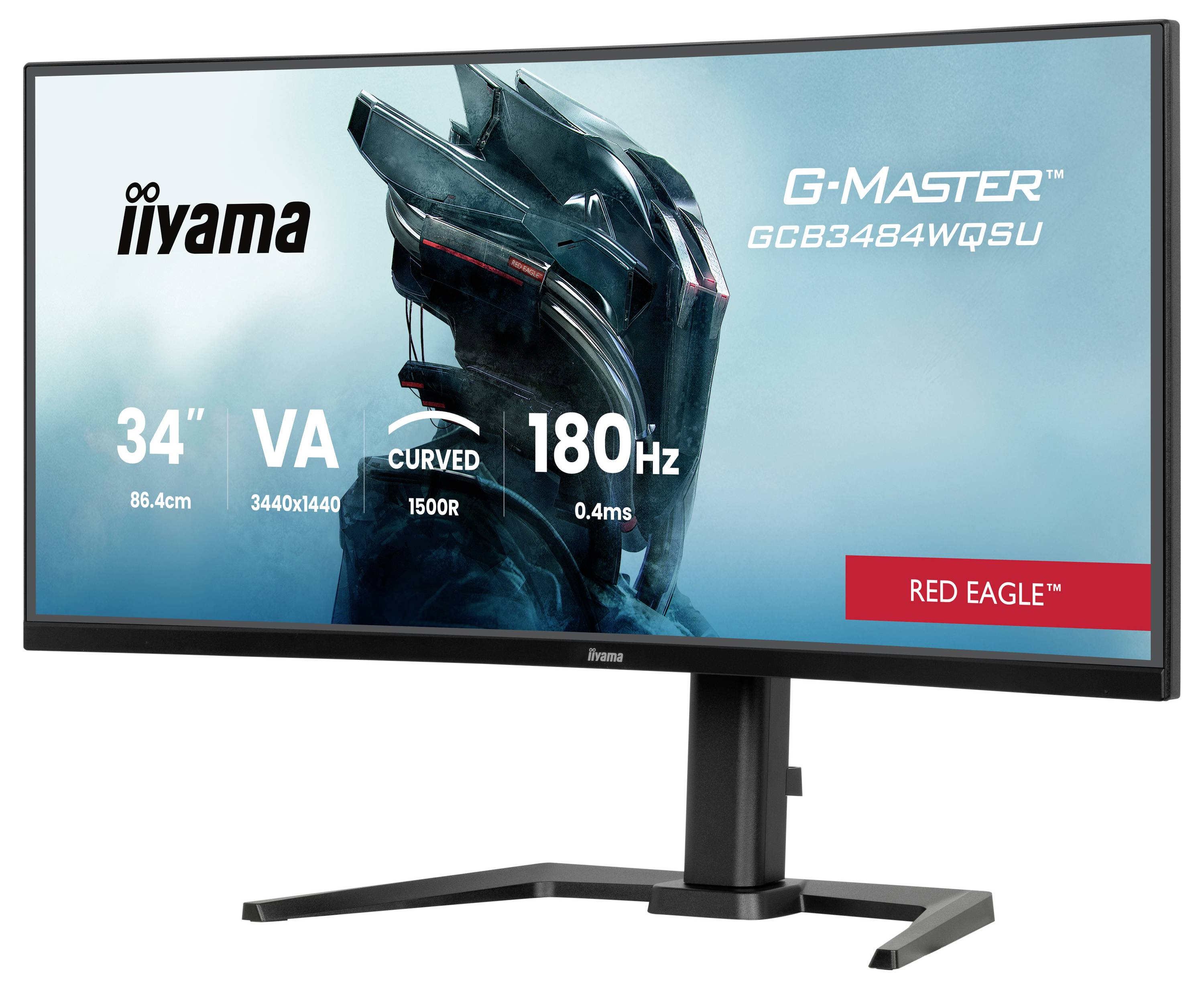 Computermonitor mit der Aufschrift 'iiyama G-Master 34" VA, 180Hz, Red Eagle'. Zeigt futuristisches Krieger-Motiv auf dem Bildschirm.