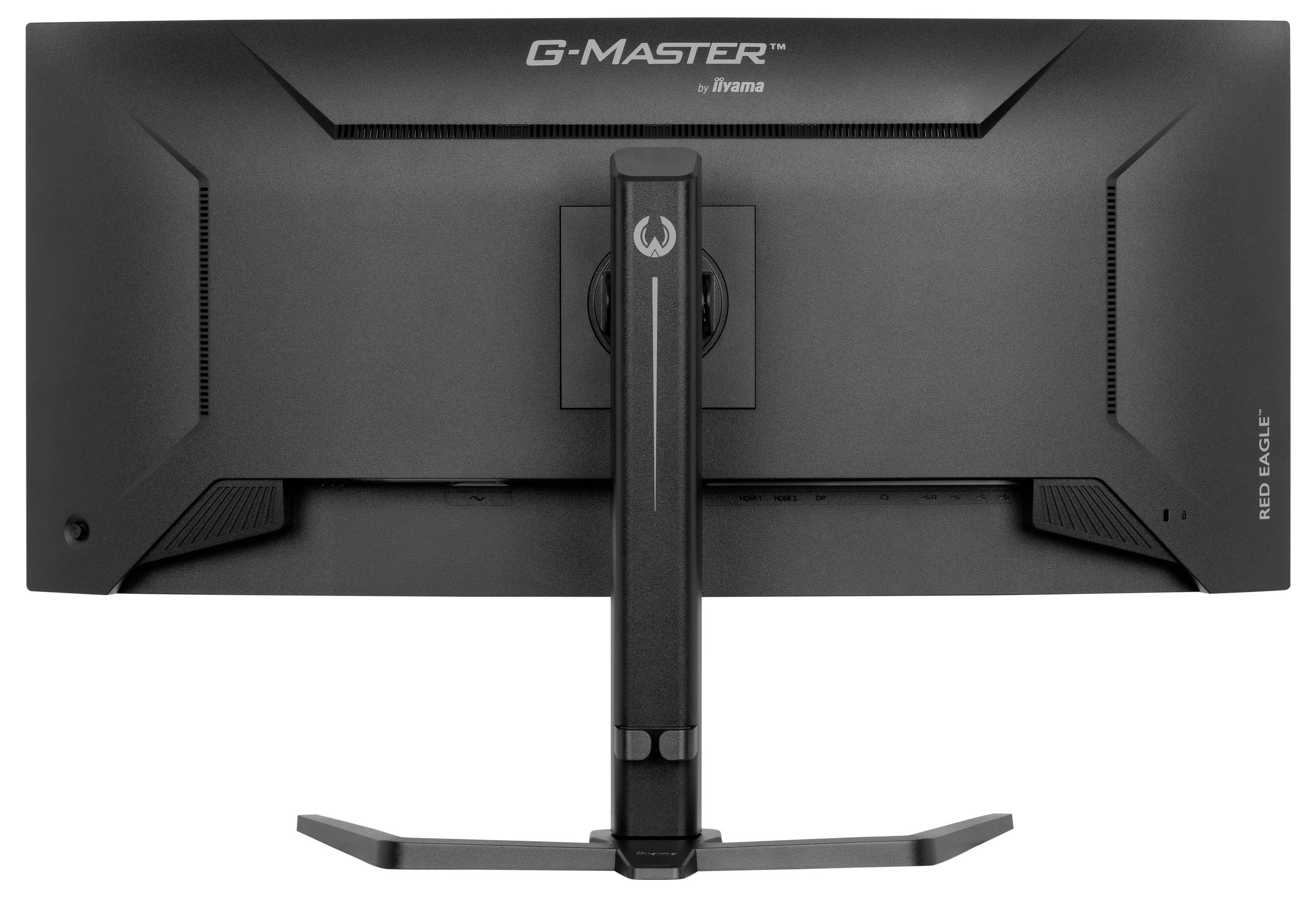 Ein schwarzer G-Master Gaming-Monitor von iiyama, Rückansicht. Modell 'RED EAGLE'. Ergonomische Halterung, schwenkbarer Standfuß.