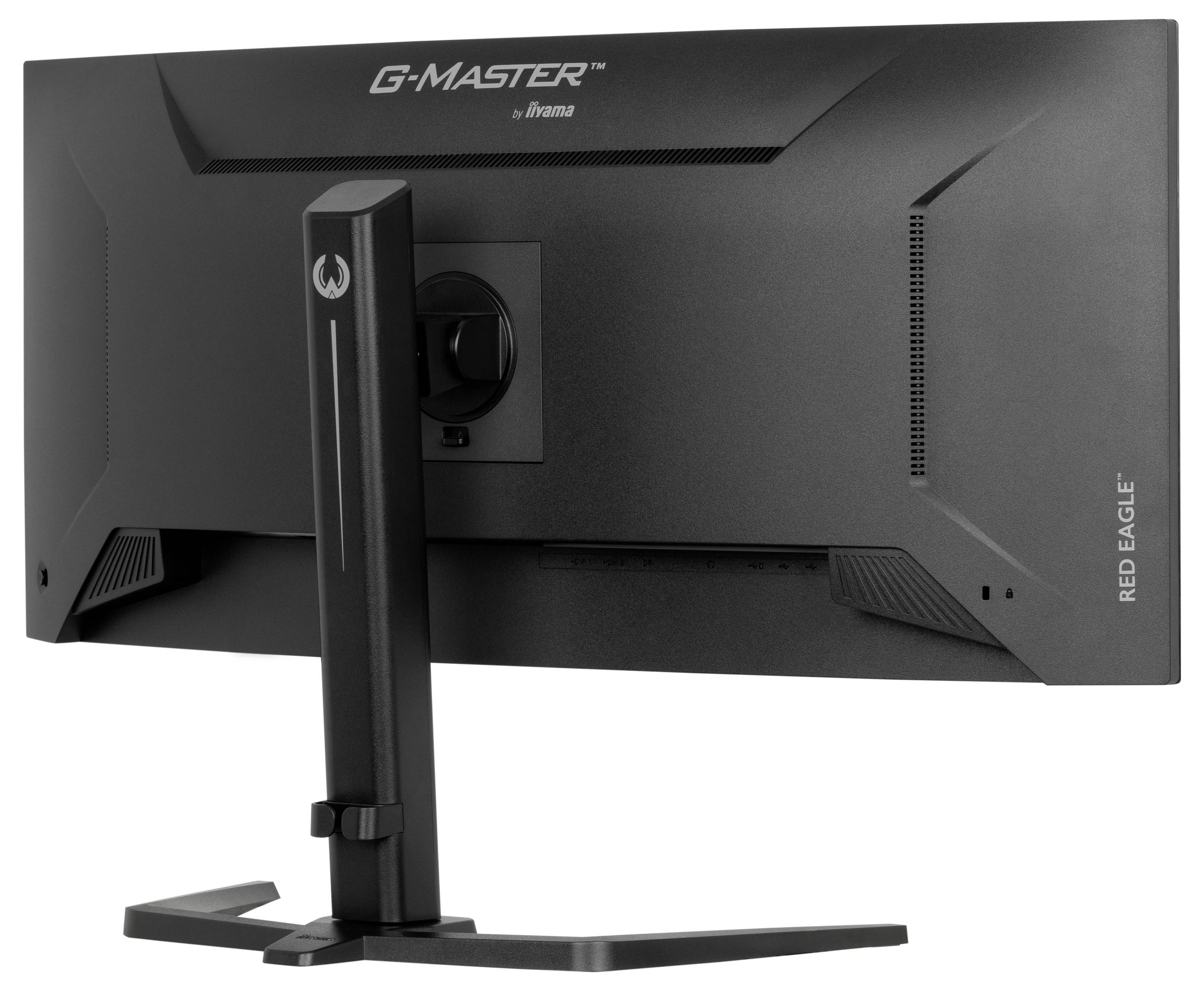 Ein schwarzer Computermonitor von hinten, Modell 'G-MASTER Red Eagle'. Der Standfuß ist schlicht und rechteckig geformt.