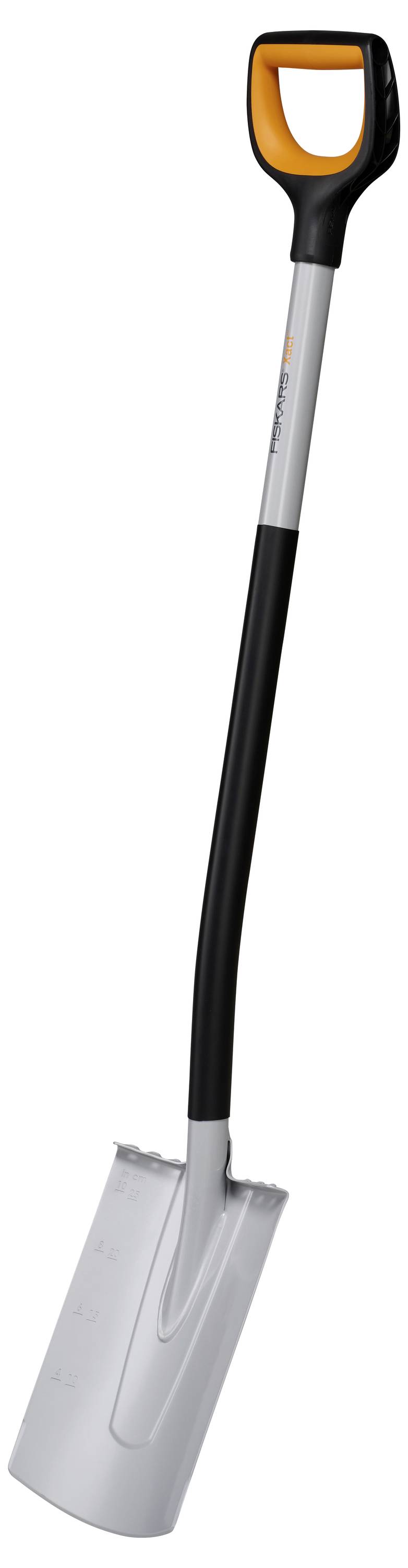 Eine graue, robust wirkende Schaufel mit schwarzem Griff und integriertem D-Griff am oberen Ende, geeignet für Gartenarbeit.