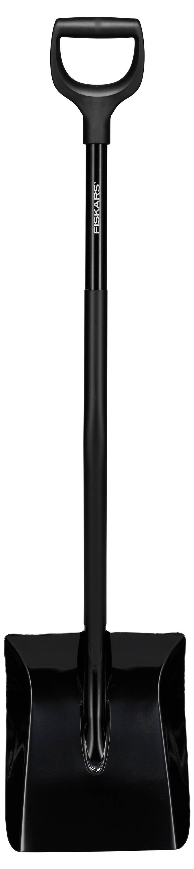 Eine schwarze Schneeschaufel aufrecht stehend, der Griff oben und das Schaufelblatt unten sichtbar.