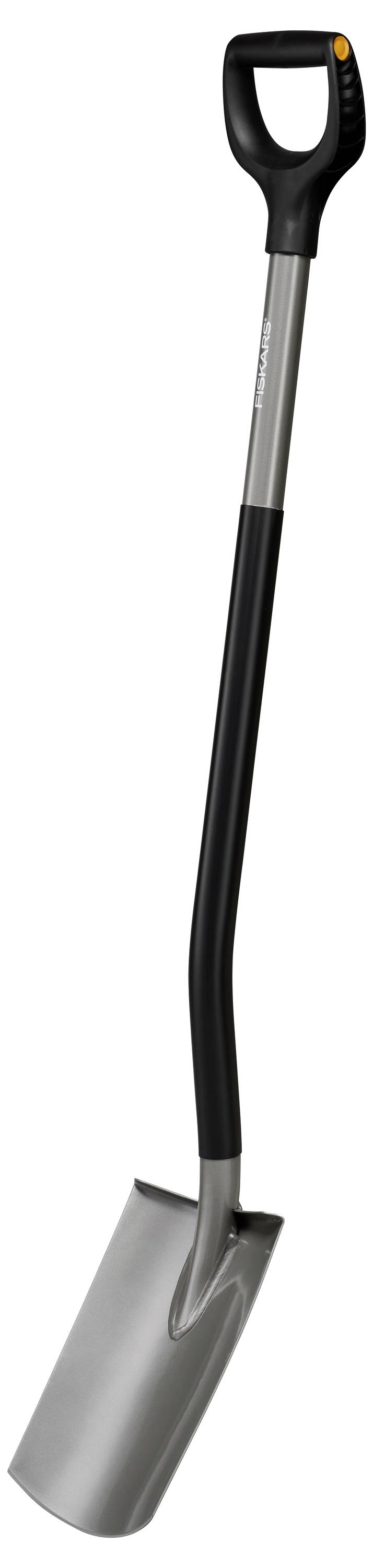 Ein silberner Spaten mit schwarzem Griff, geeignet für Gartenarbeiten.