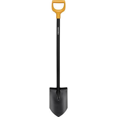 Eine schwarze Schaufel mit gelbem Griff. Der Stiel ist lang und robust, geeignet für Gartenarbeit oder Erdarbeiten.