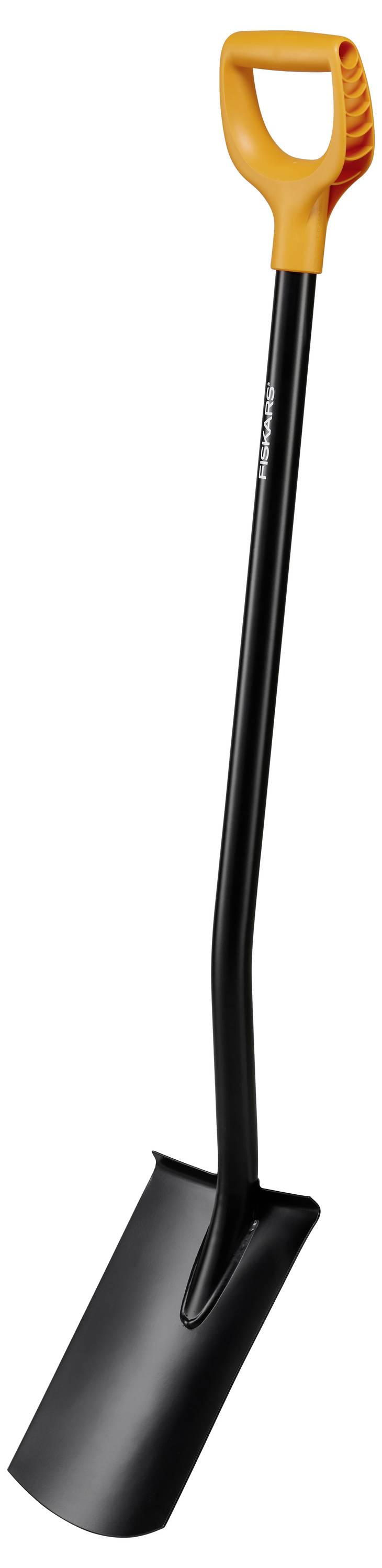 Eine Schaufel mit einem schwarzen Schaft und orangefarbenem Griff, geeignet zum Graben von Erde.