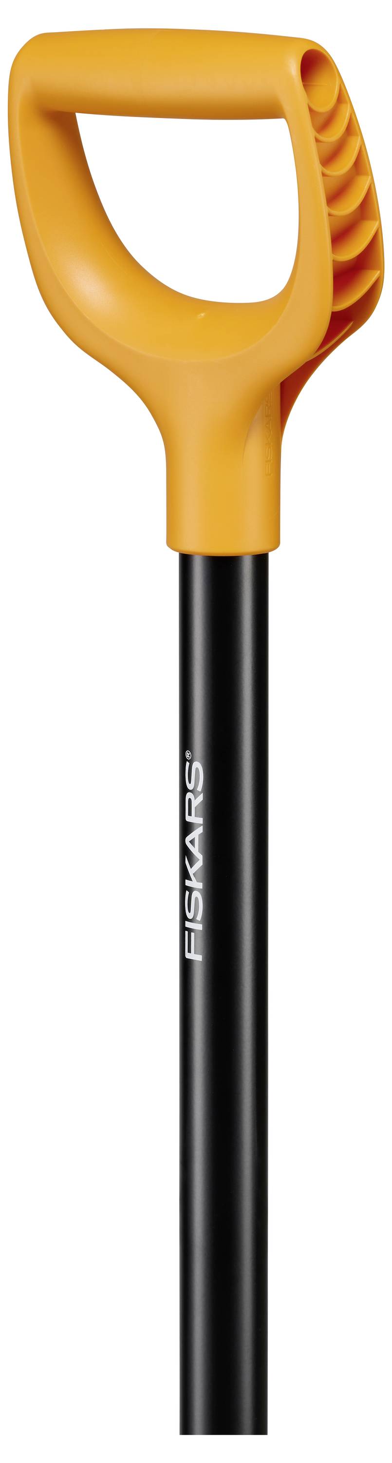 Griff eines schwarzen Werkzeugs mit orangefarbenem, ergonomisch geformtem Griff, auf dem 'Fiskars' steht.
