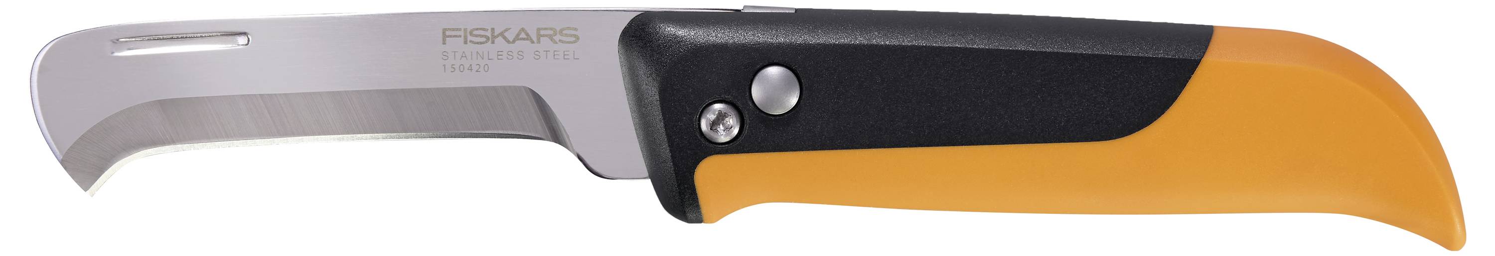 Ein gebogenes Gartenmesser mit einem schwarzen und orangefarbenen Griff, ideal zum Schneiden von Pflanzen und Zweigen.