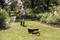 Ein Mann gießt den Garten mit einem Wasserschlauch, während im Vordergrund ein automatischer Rasenmäher auf dem Rasen steht.