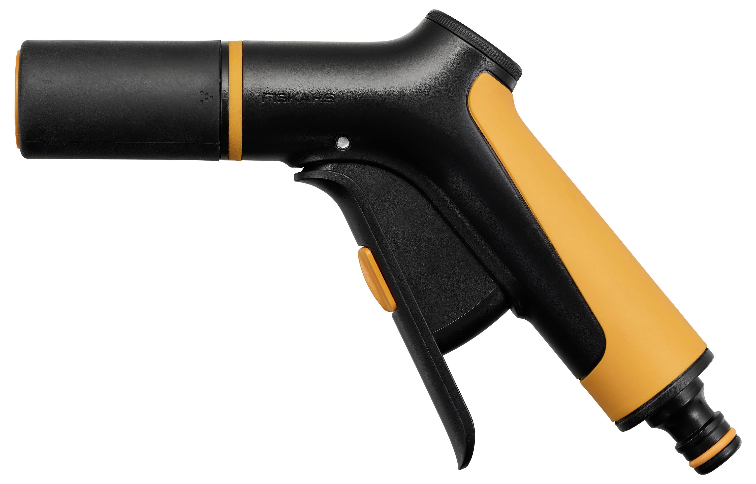 Eine schwarze und orangefarbene Wassersprühpistole mit ergonomischem Griff und verstellbarer Düse für Gartenbewässerung.
