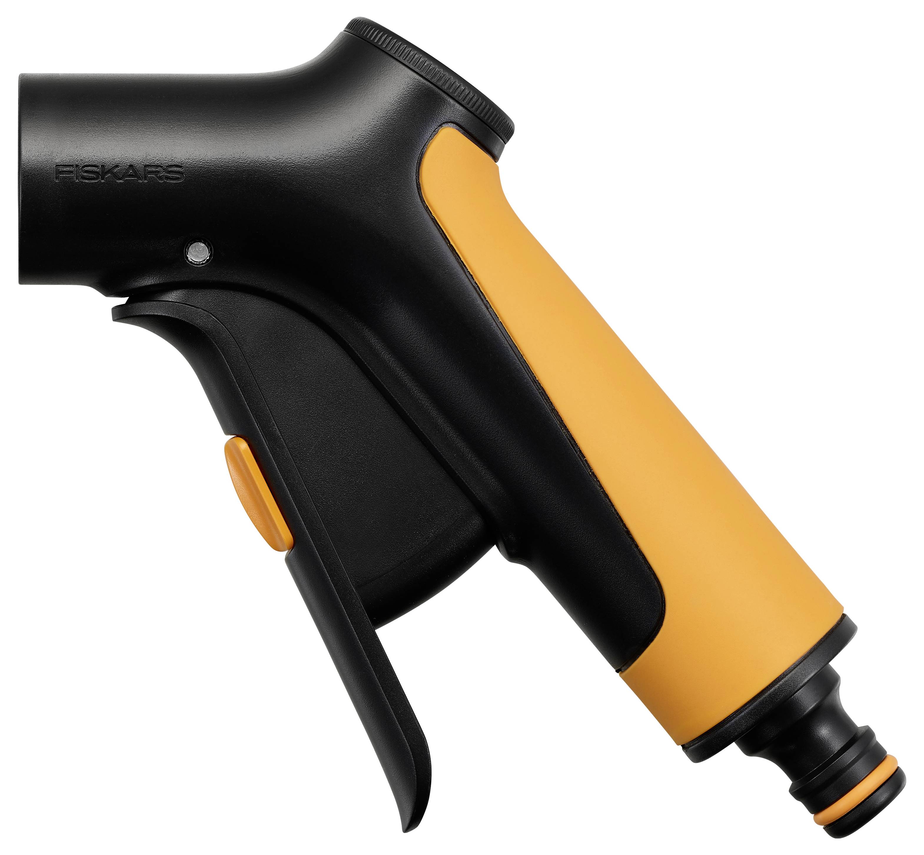 Schwarze und orangefarbene Spritzpistole für den Gartenschlauch, ergonomisches Design, geeignet für Bewässerungsanwendungen.