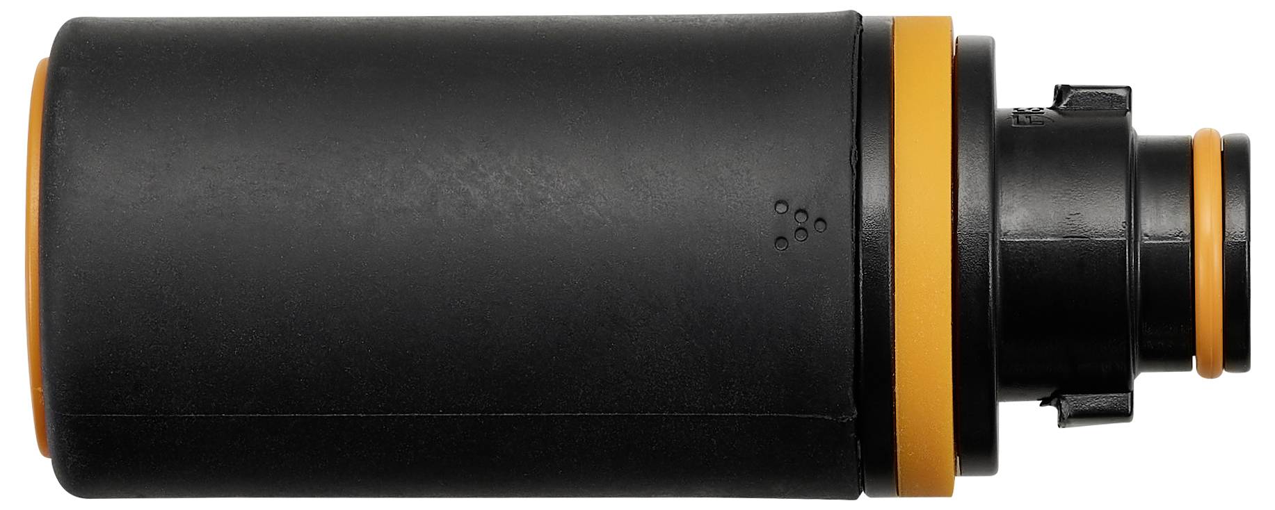 Schwarzer Zylinder mit orangefarbenen Ringen, möglicherweise Teil eines Wasserfiltersystems oder Anschlussstück.