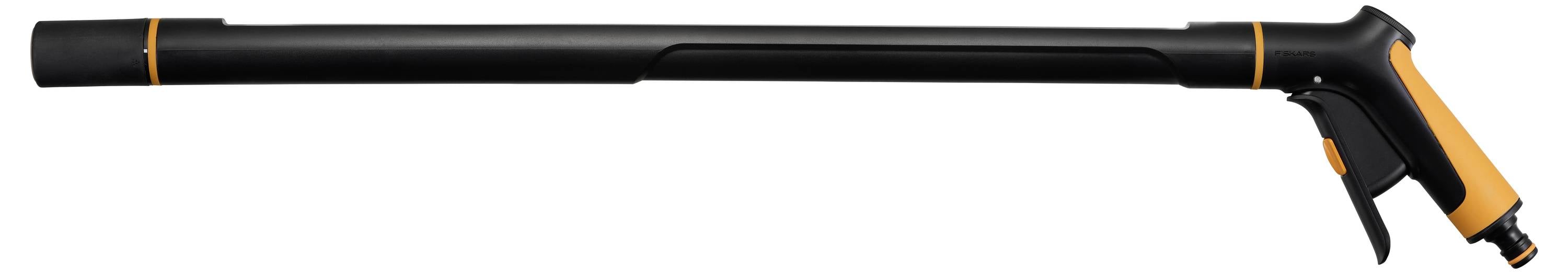 Elektrischer Laubbläser, schwarz-orange, seitliche Ansicht. Langer, schmaler Auslass mit ergonomischem Griff zur Reinigung von Gärten.