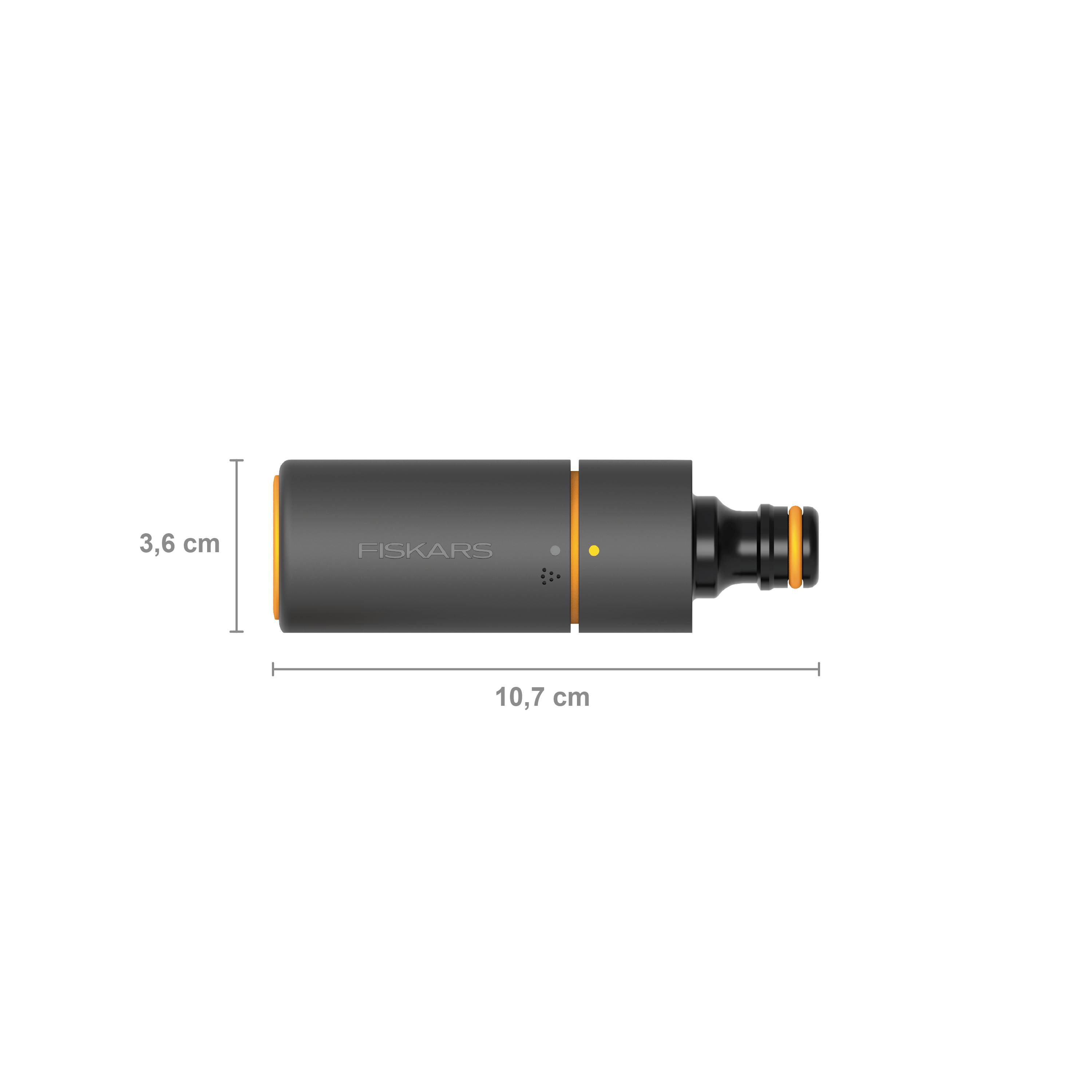 'Fiskars'-Schlauchadapter mit Maßen 3,6 cm x 10,7 cm, grau mit orangen Akzenten.