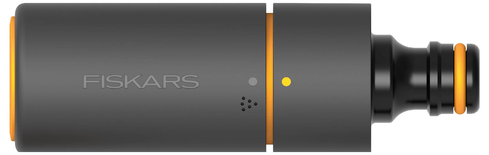 Schwarzer und orangefarbener Adapter, markiert mit 'Fiskars', für Gartenwerkzeuge oder Bewässerungssysteme.