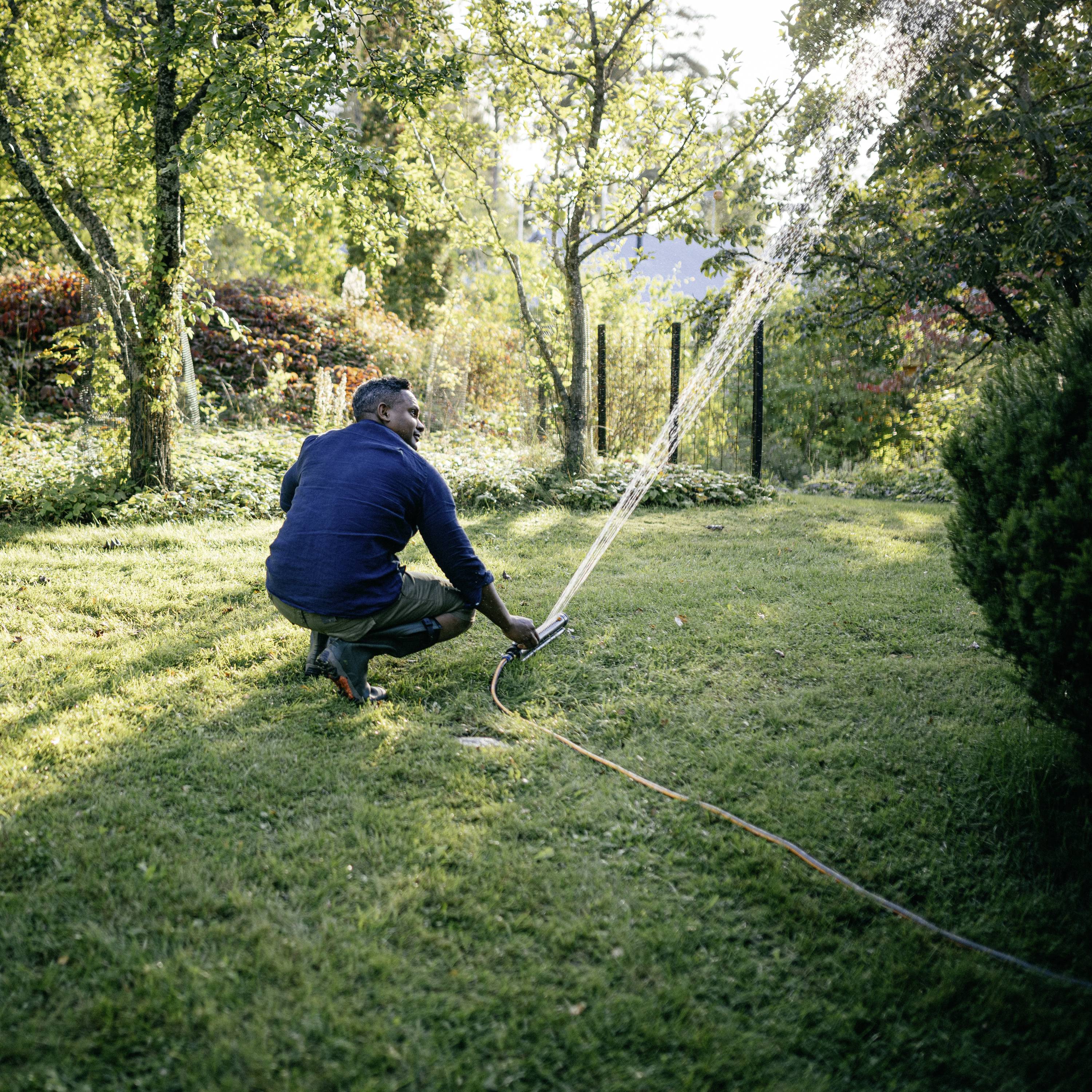 Ein Mann gießt mit einem Schlauch den Rasen in einem sonnigen Garten, umgeben von Bäumen und Sträuchern.