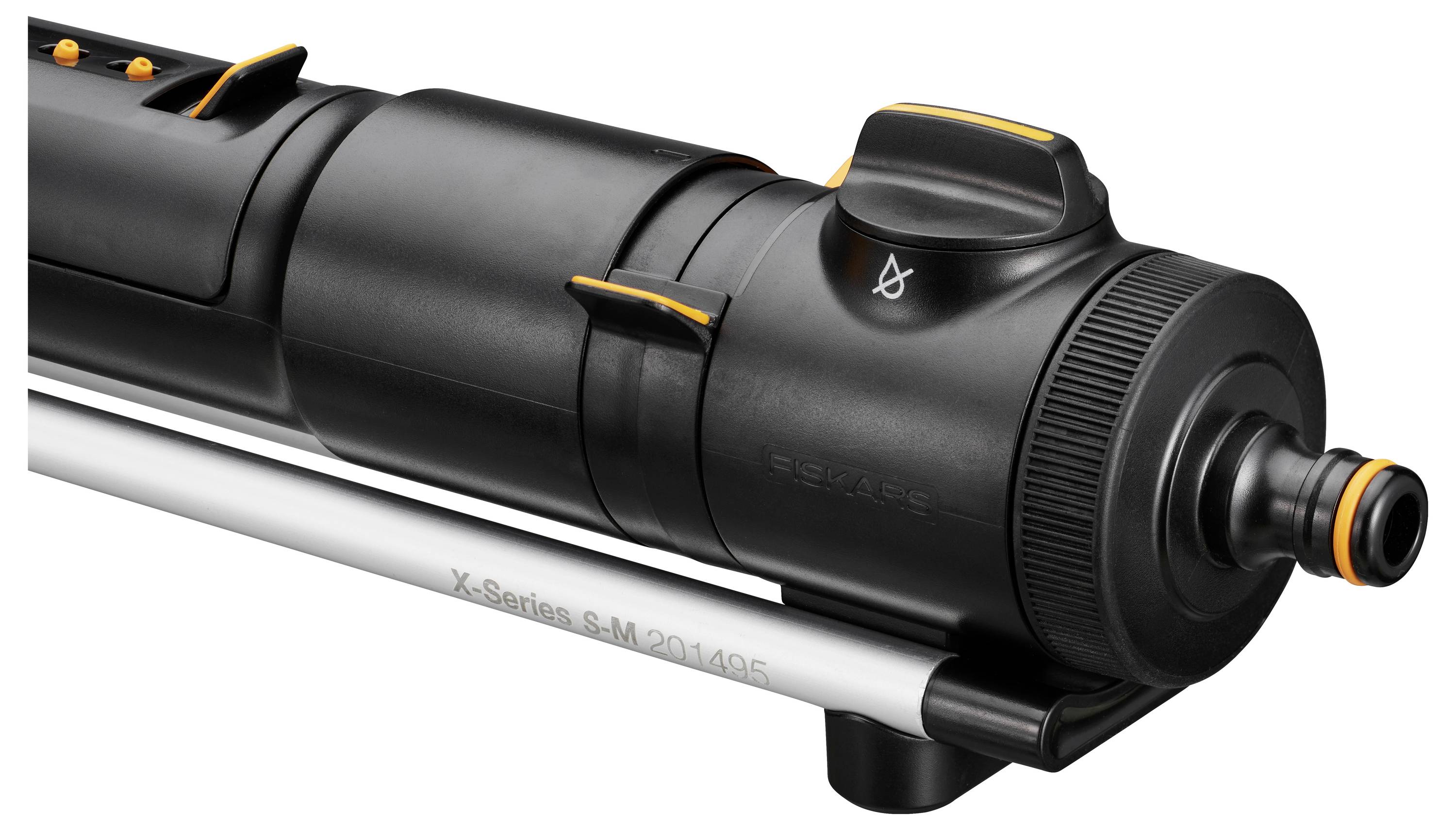 'Sprinklerkopf der X-Serie mit einstellbarem Wasserdruck und schwarzem Design, geeignet für Gartenbewässerungssysteme.'