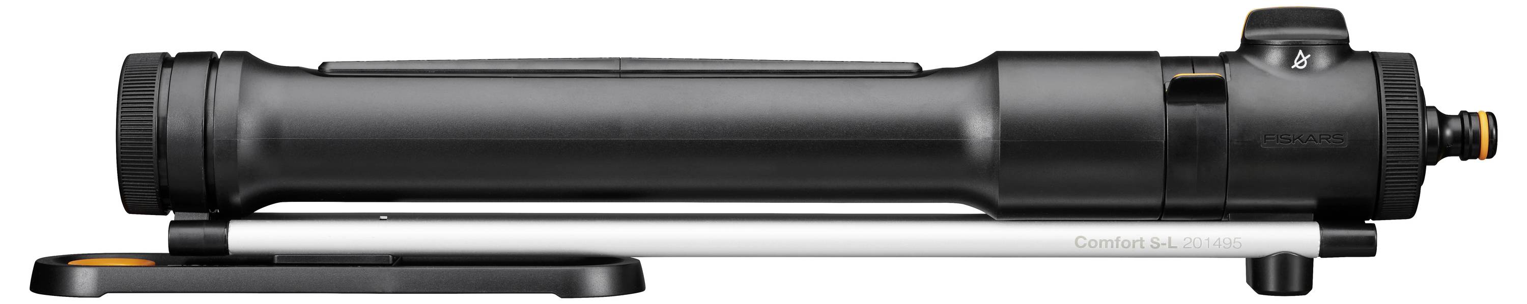 Schwarze, längliche Teleskop-Handpumpe mit integriertem Manometer.