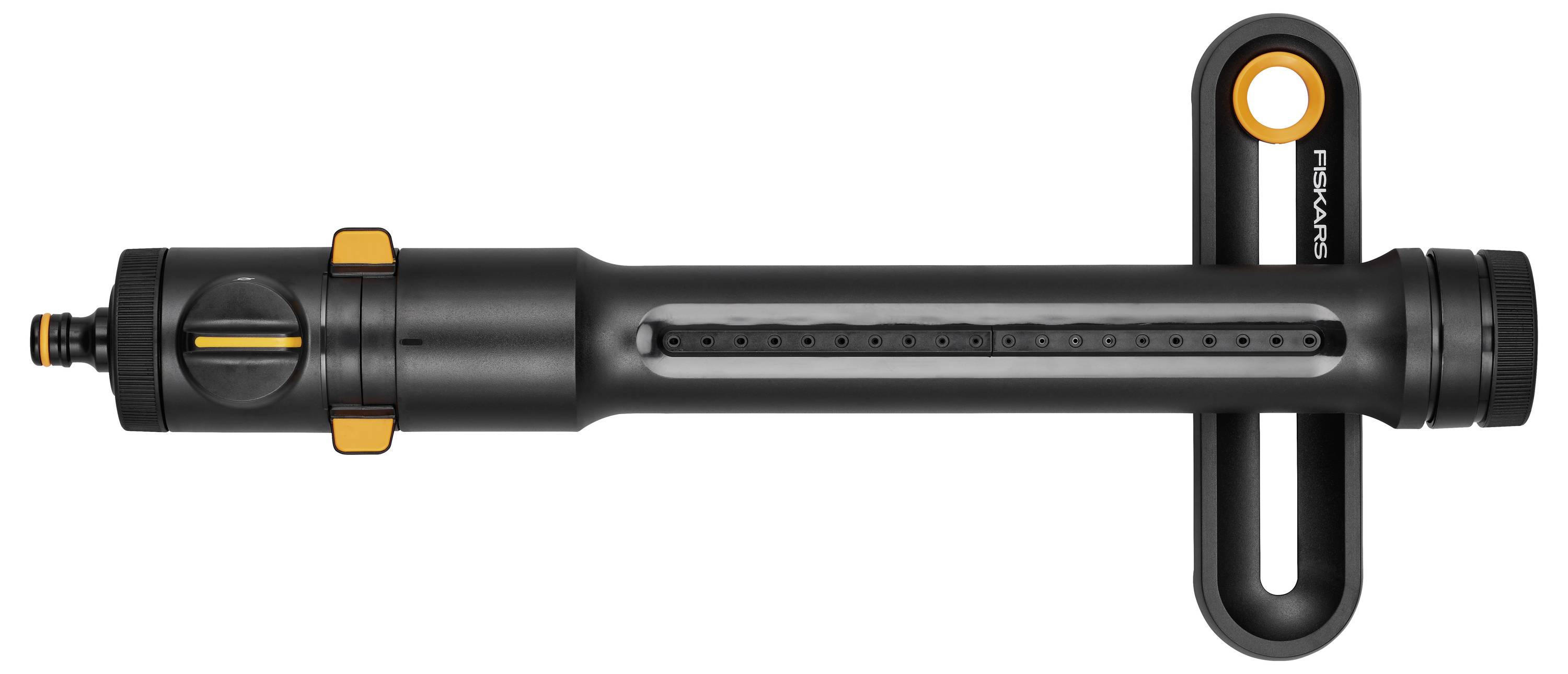 Schwarzer Gartensprinkler mit orangefarbenen Elementen, horizontal ausgerichtet, geeignet zum gleichmäßigen Bewässern von Rasenflächen.