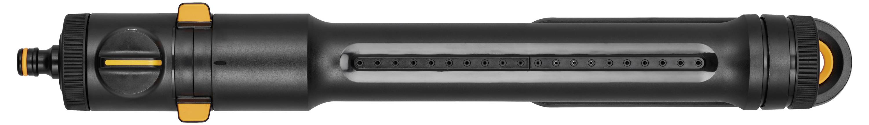 Ein schwarzes Bewässerungsrohr mit orangefarbenen Akzenten und einem einstellbaren Wasserauslass, horizontal ausgerichtet.