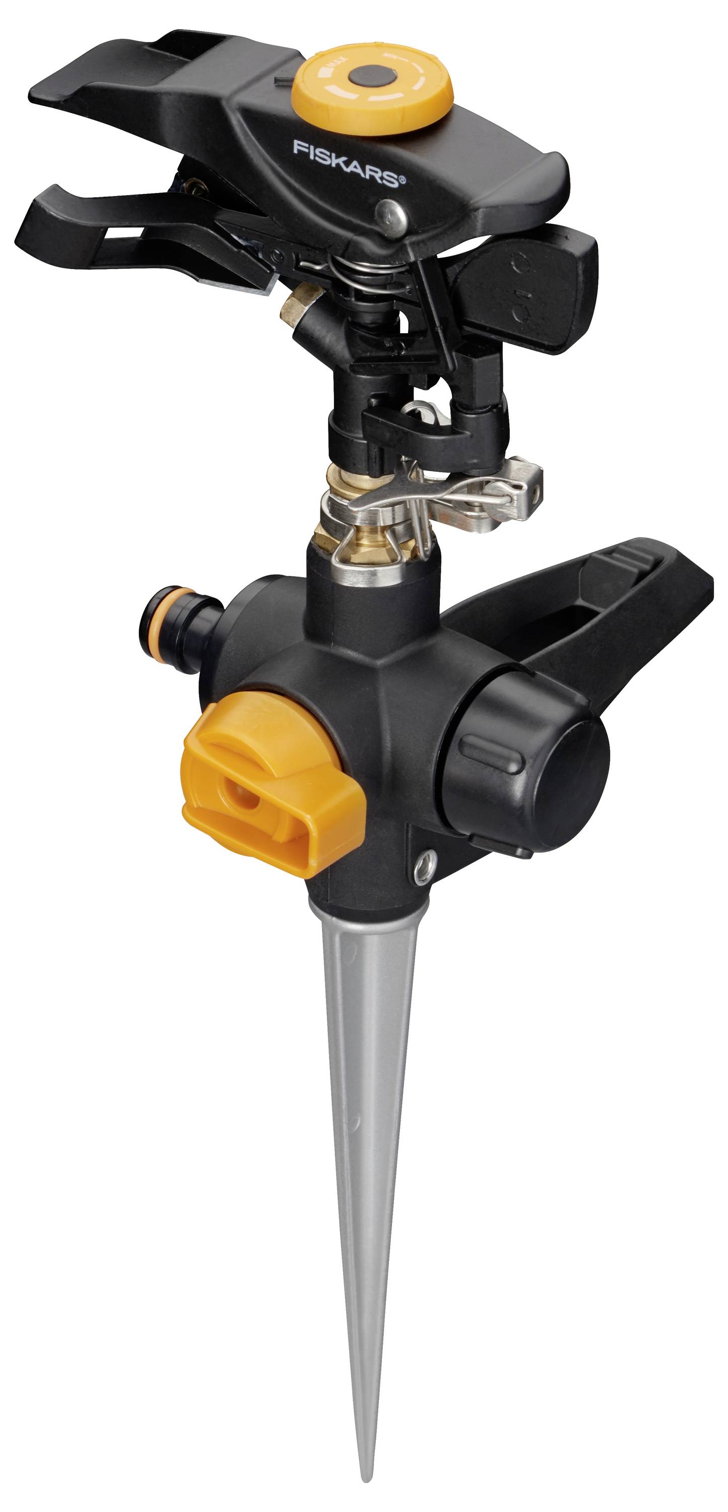 Ein verstellbarer Sprinkler mit Metallspitze und verschiedenen Bedienelementen, geeignet für effiziente Bewässerung im Garten.